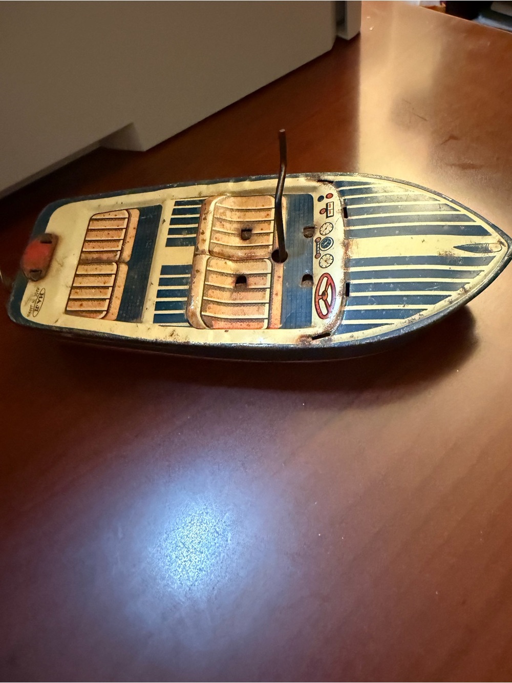 Vintage Pre World War 1 Tin Speedboat Toy - Blue & Cream